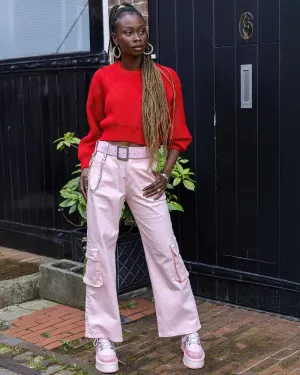 90's Baby Pink Wide Leg Oversized Stretch Cargo Trousers