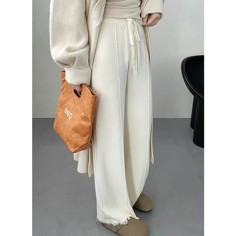 Amozae-Autumn Casual Outfits Amozae-Knit Straight Pants with Drawstring, Tassel Wide Leg Pants, Khaki, Black, Gray