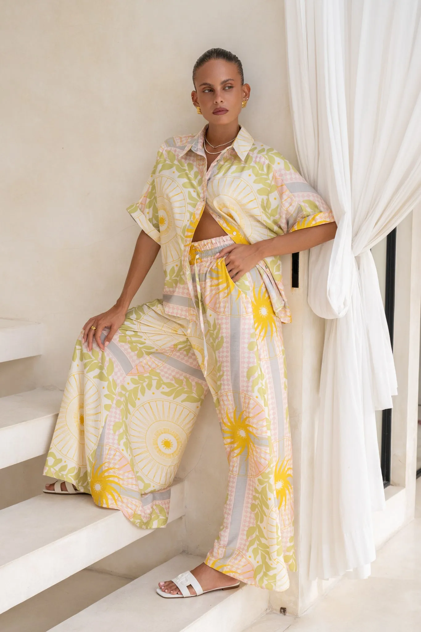 Aurea Yellow Pink Abstract Wide Leg Pants