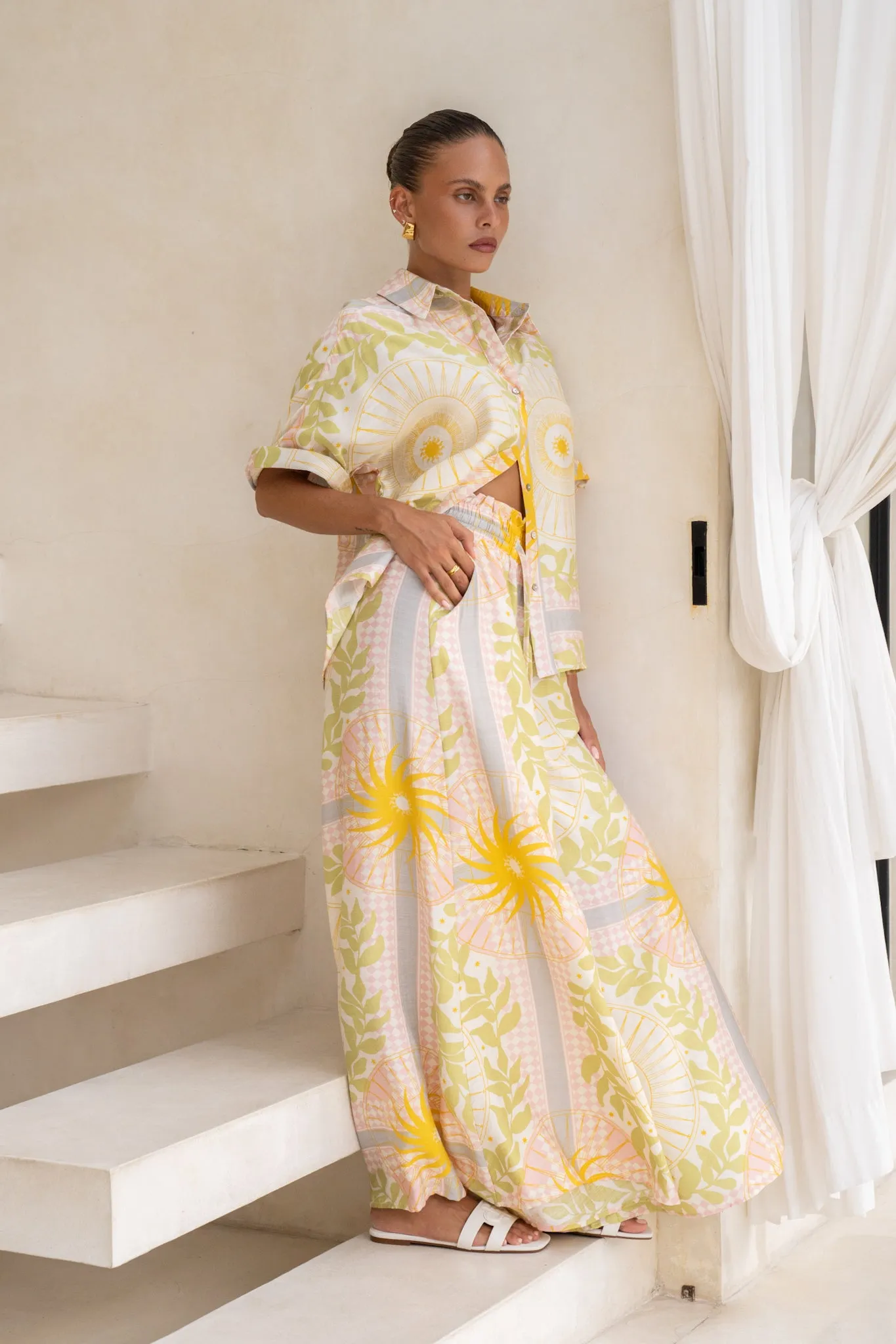 Aurea Yellow Pink Abstract Wide Leg Pants