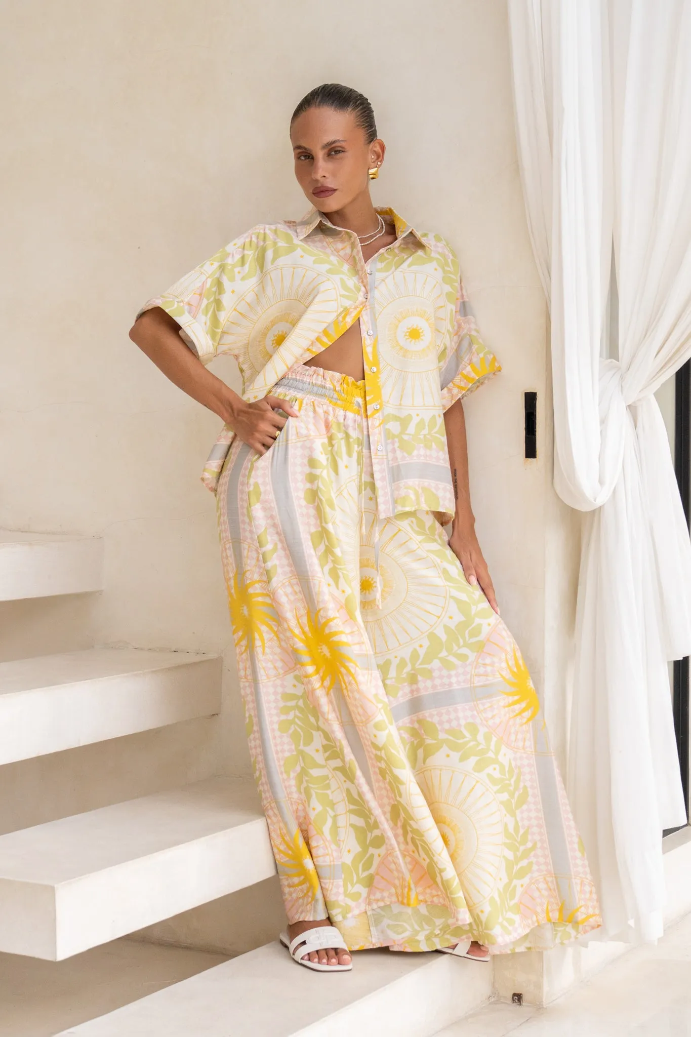 Aurea Yellow Pink Abstract Wide Leg Pants