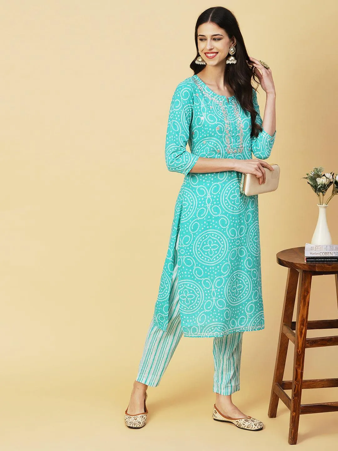 Bandhani Printed Zari Embroidered Kurta With Stripes Printed Pants - Sea Green