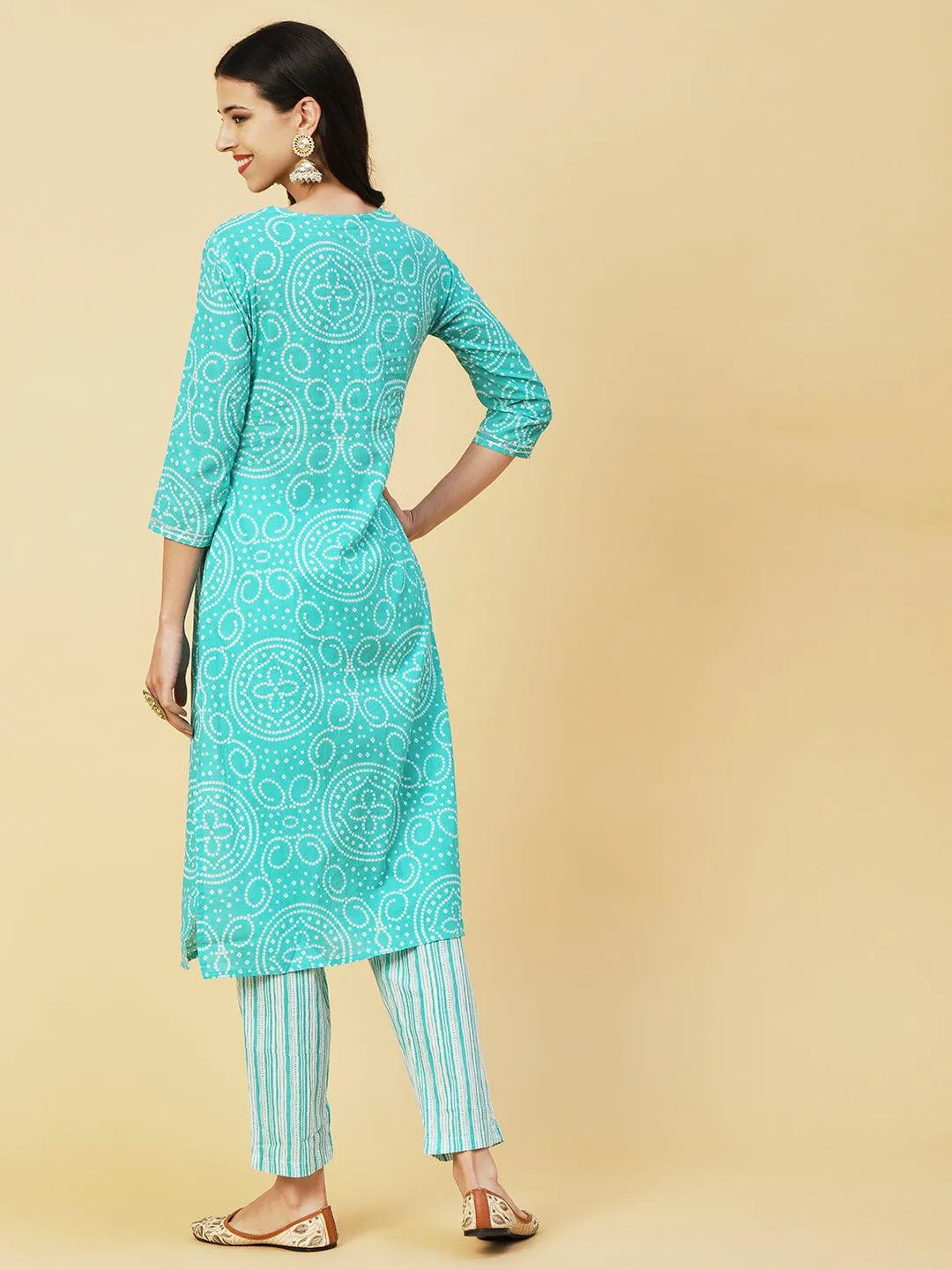 Bandhani Printed Zari Embroidered Kurta With Stripes Printed Pants - Sea Green