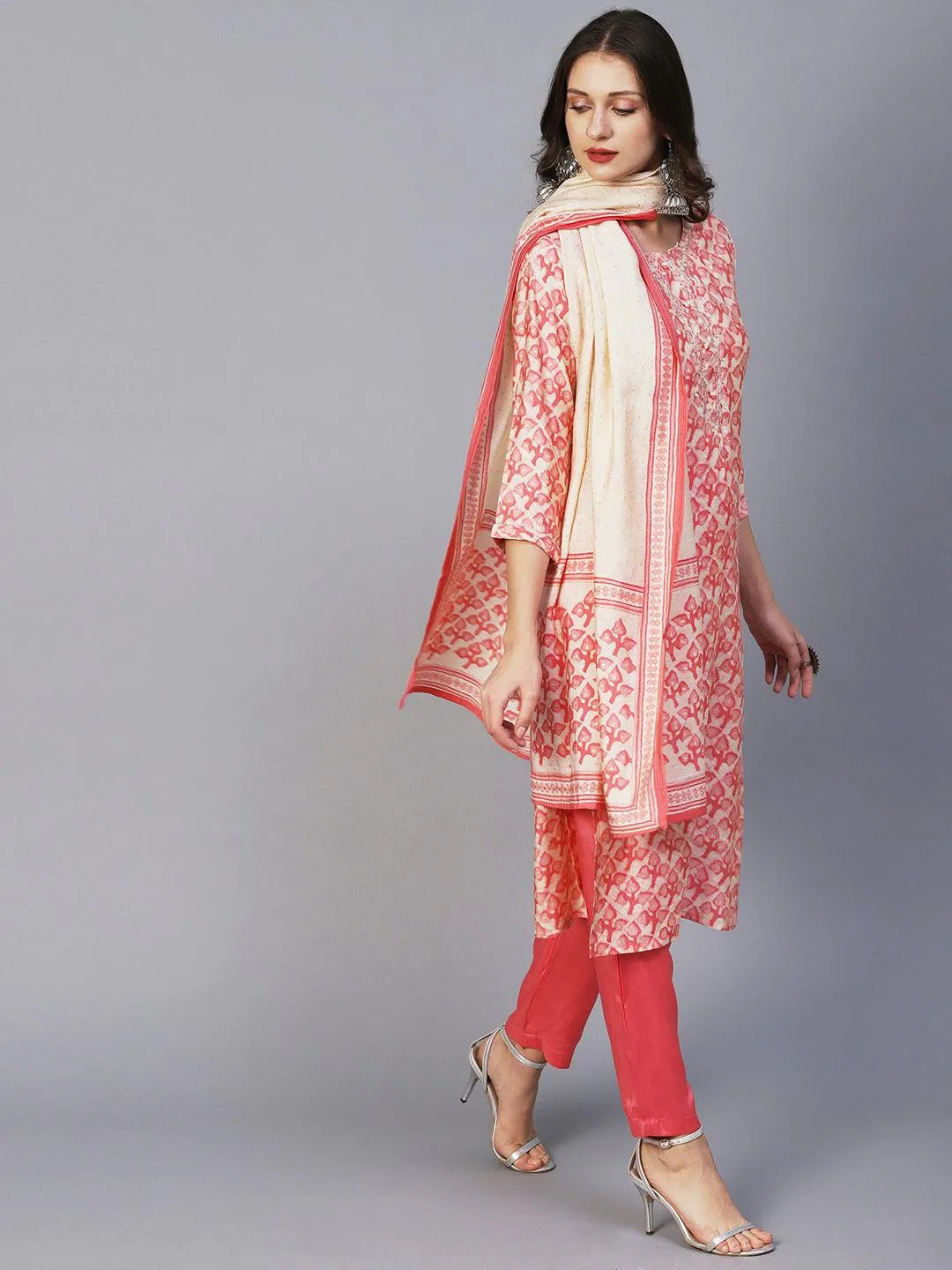 Batik Printed Mirror & Zari Embroidered Kurta With Pants & Dupatta - Peach Pink