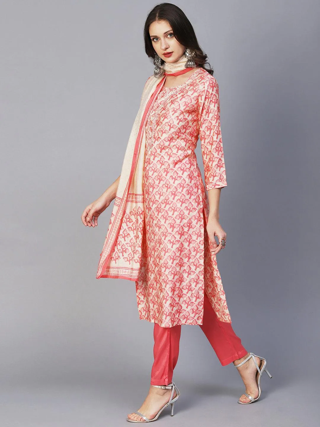 Batik Printed Mirror & Zari Embroidered Kurta With Pants & Dupatta - Peach Pink