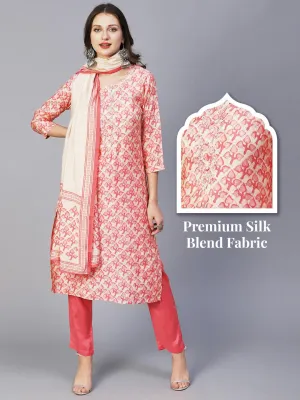 Batik Printed Mirror & Zari Embroidered Kurta With Pants & Dupatta - Peach Pink