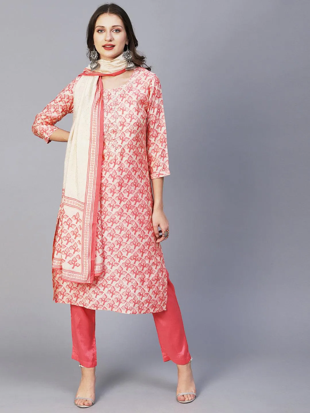 Batik Printed Mirror & Zari Embroidered Kurta With Pants & Dupatta - Peach Pink