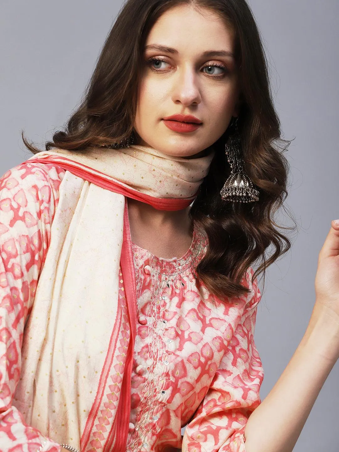 Batik Printed Mirror & Zari Embroidered Kurta With Pants & Dupatta - Peach Pink