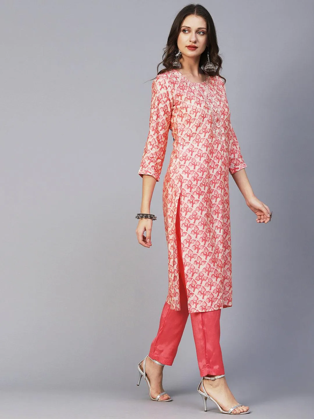 Batik Printed Mirror & Zari Embroidered Kurta With Pants & Dupatta - Peach Pink