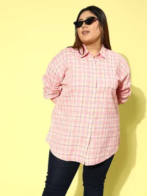 Berrylush Women Plus Size Pink Checked Pattern Spread Collar Neck Full Sleeve Straight Hem Longline Shirt