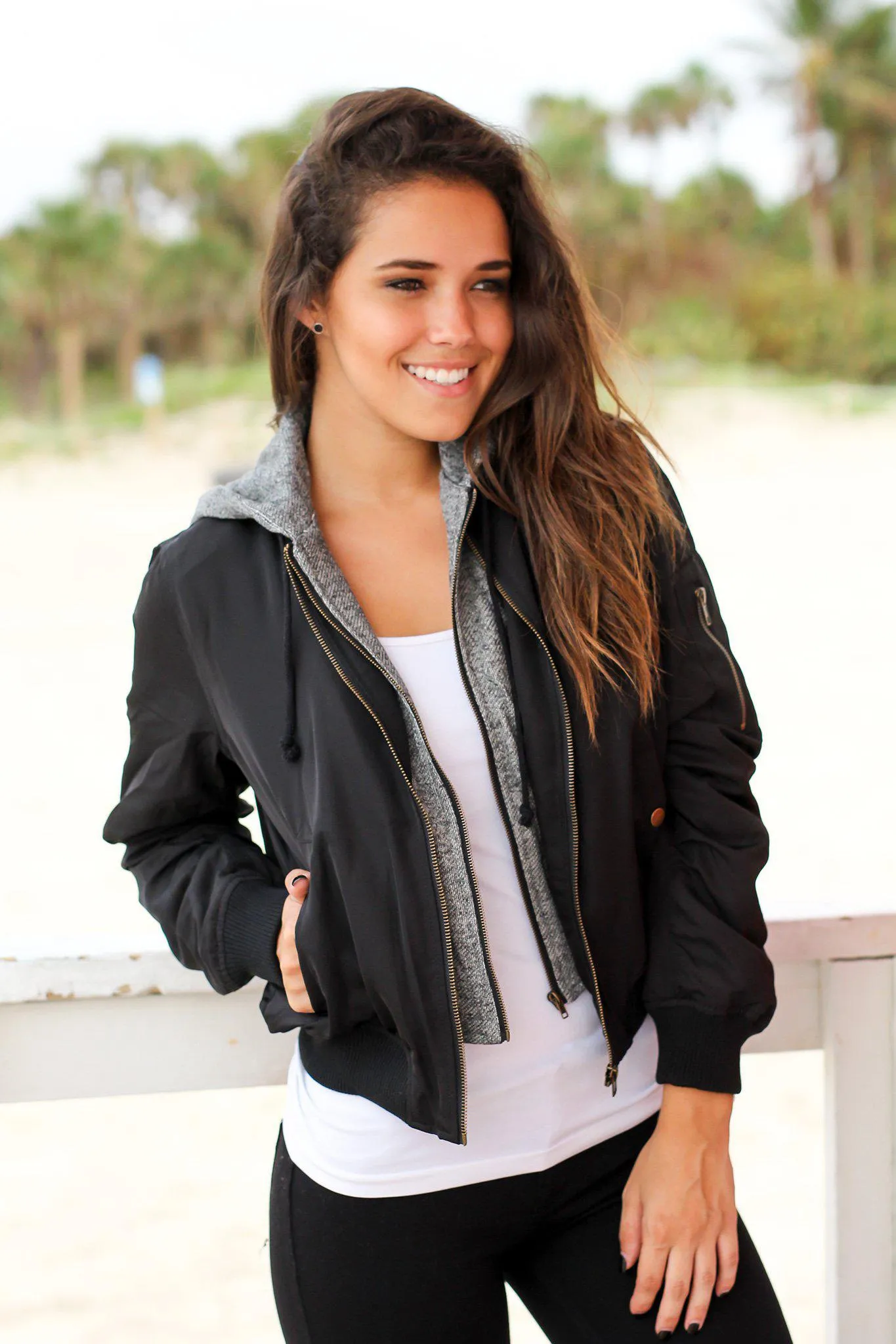 Black Bomber Jacket with Gray Hood