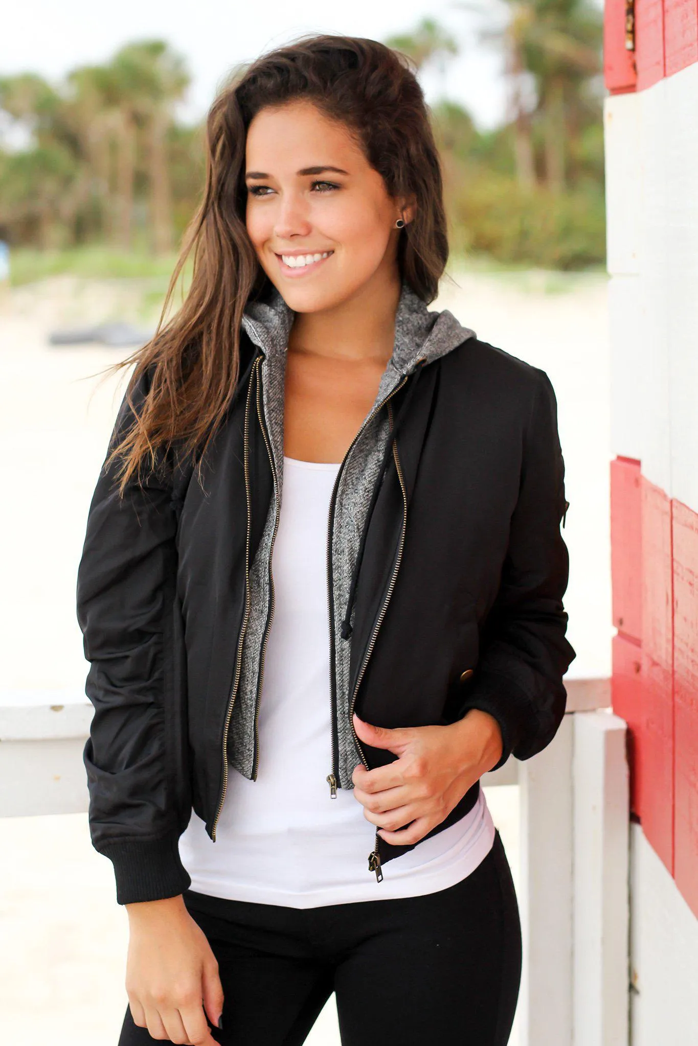 Black Bomber Jacket with Gray Hood