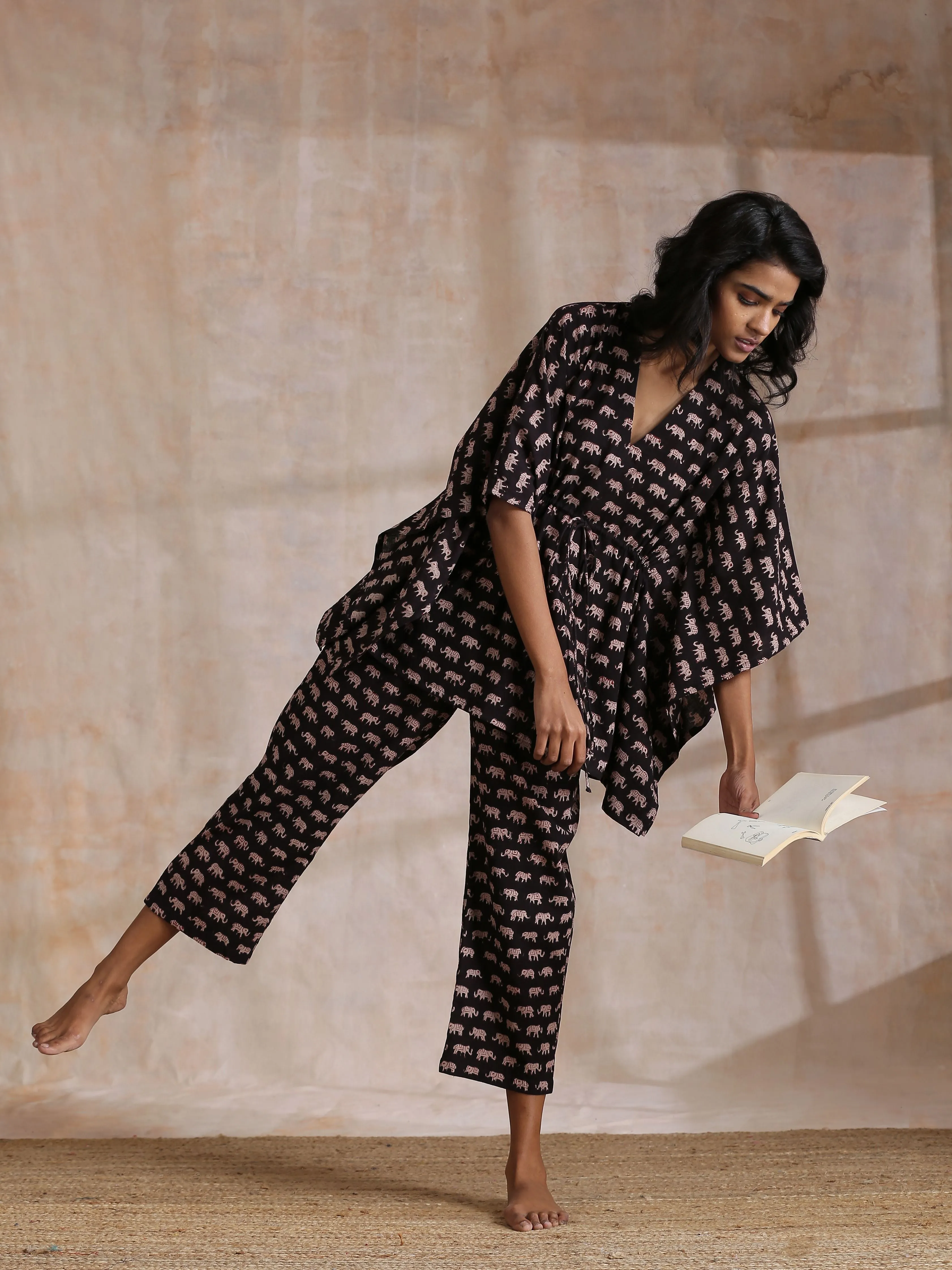 Black Elephant Bagru Print Cotton Kaftan Co-Ord Set