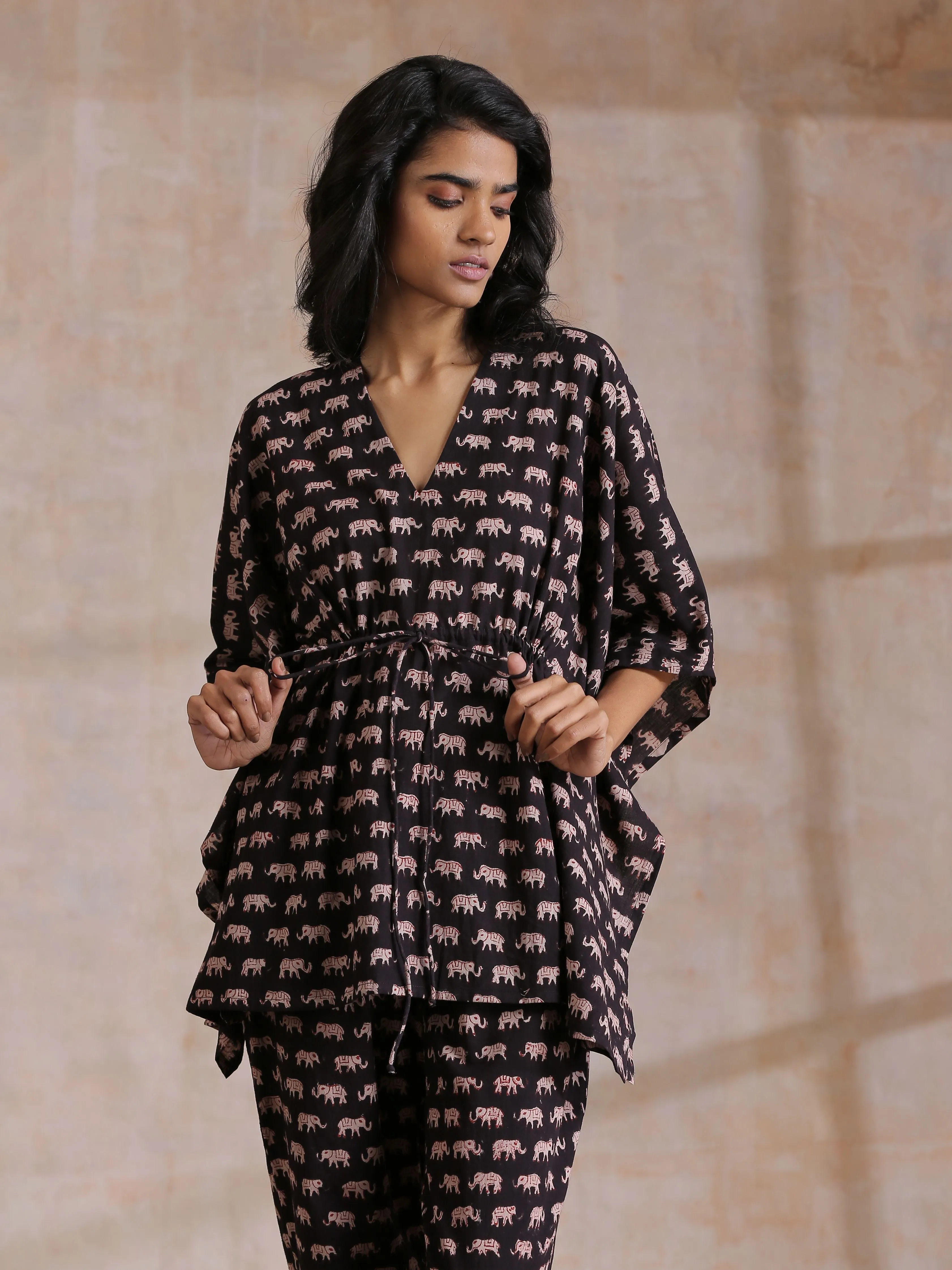 Black Elephant Bagru Print Cotton Kaftan Co-Ord Set