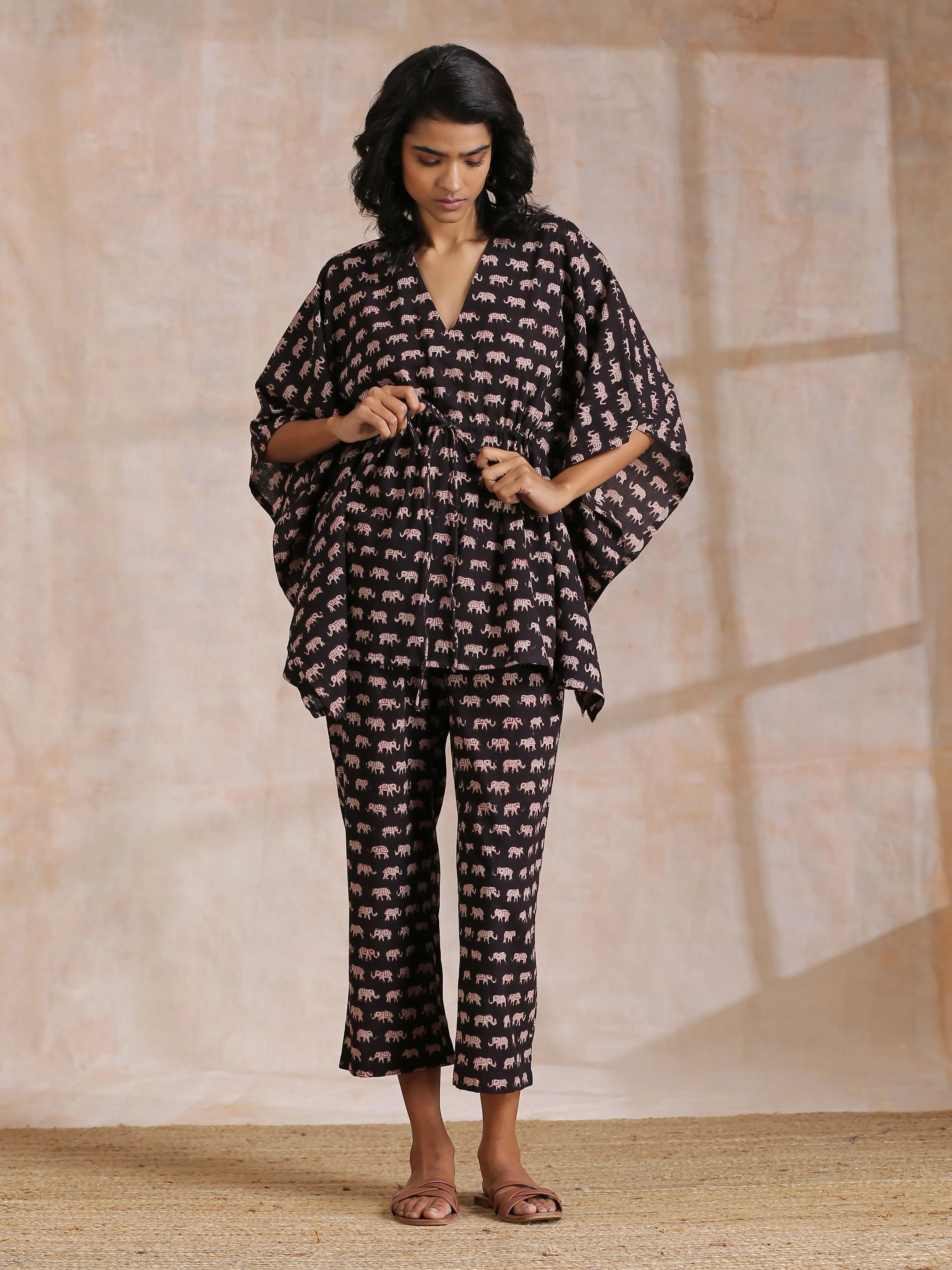 Black Elephant Bagru Print Cotton Kaftan Co-Ord Set