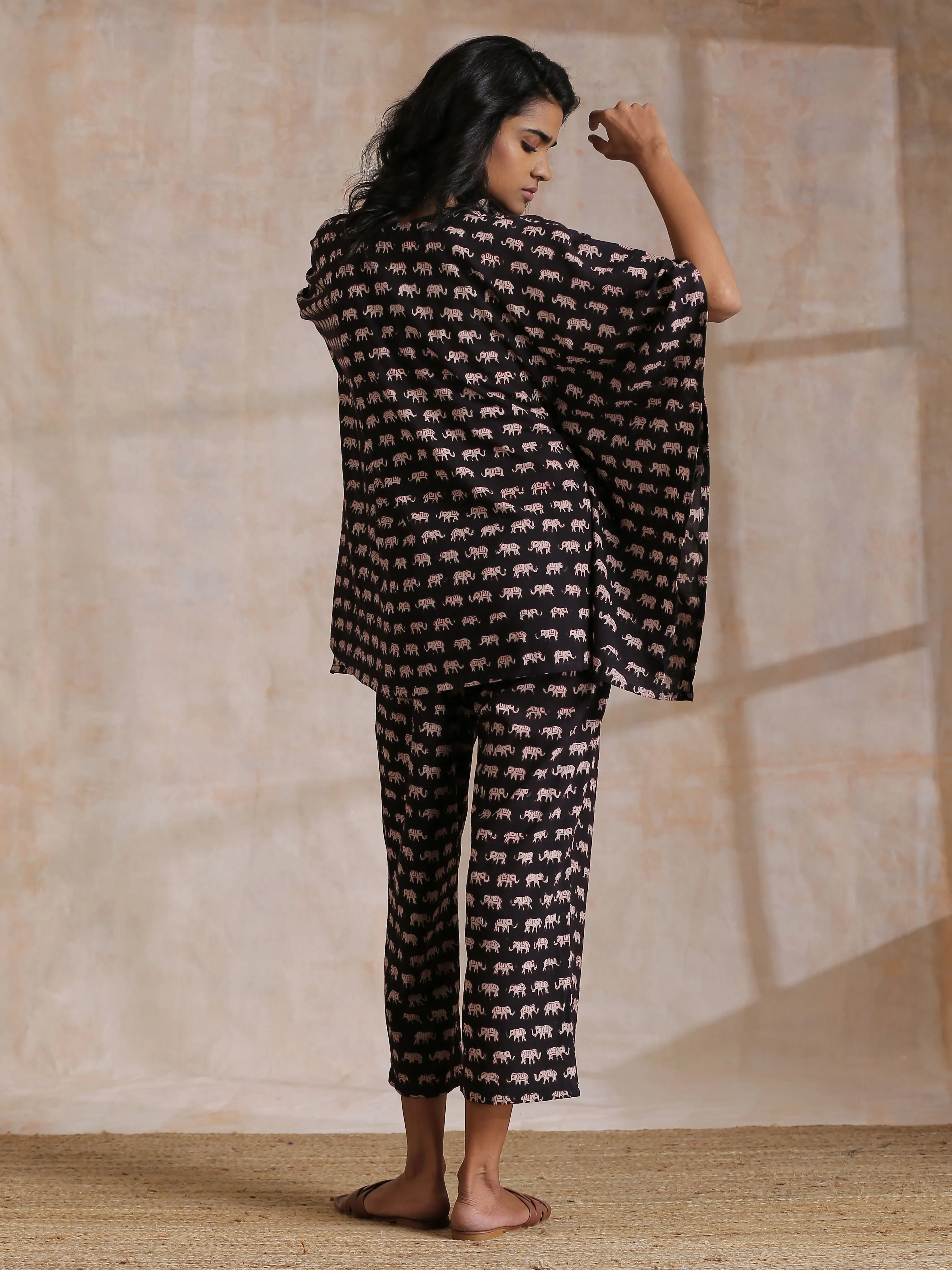 Black Elephant Bagru Print Cotton Kaftan Co-Ord Set