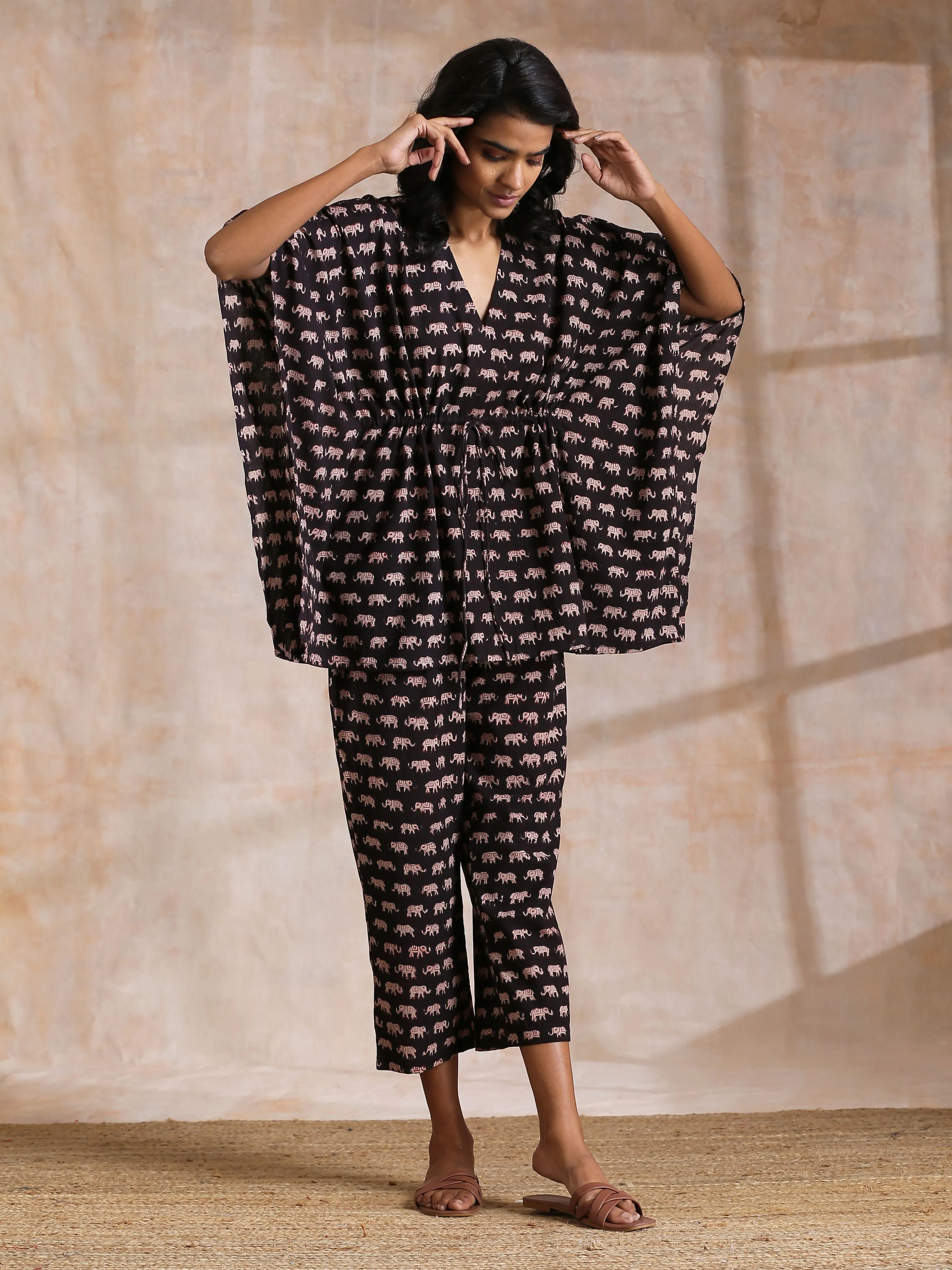 Black Elephant Bagru Print Cotton Kaftan Co-Ord Set