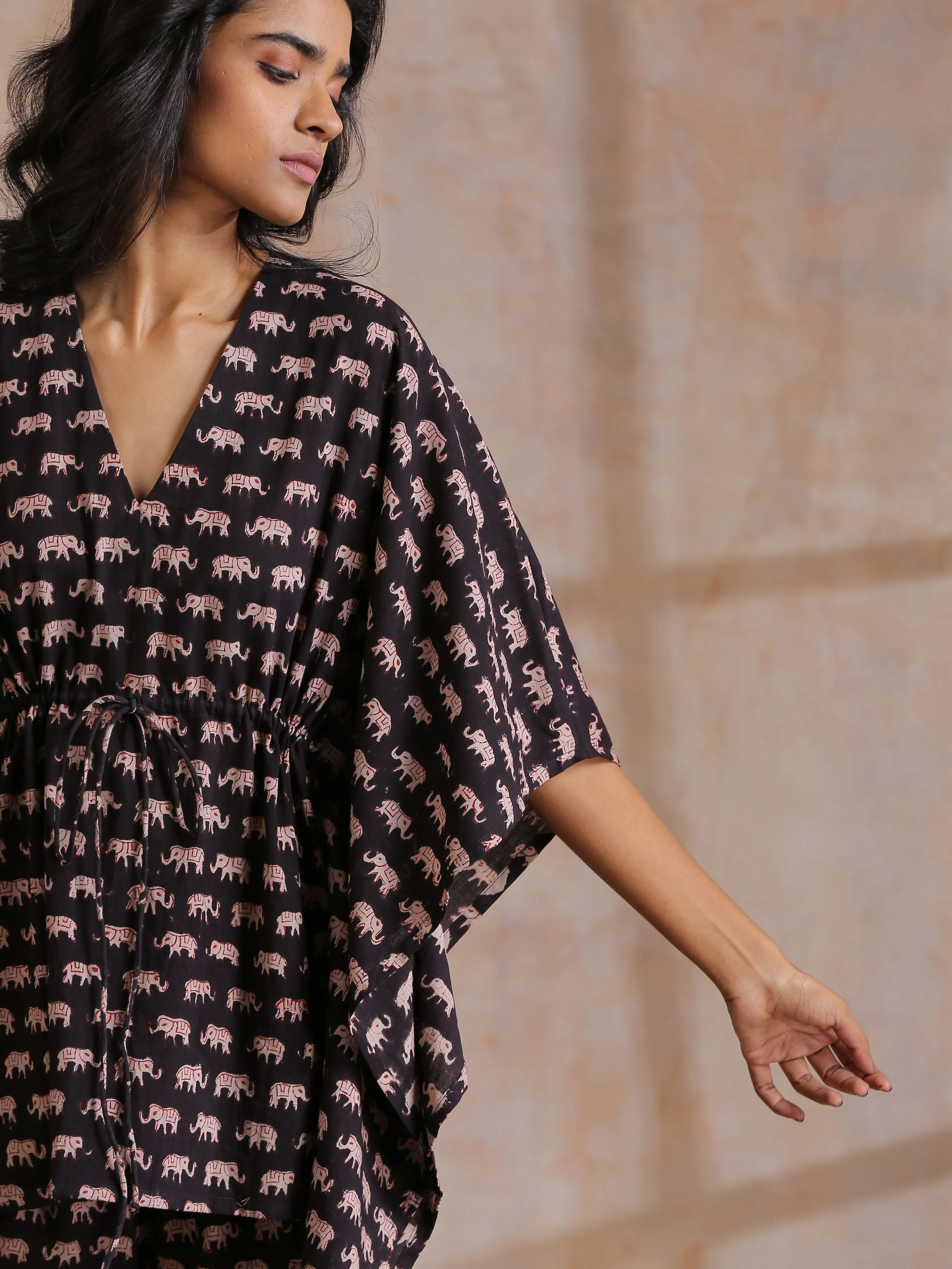 Black Elephant Bagru Print Cotton Kaftan Co-Ord Set