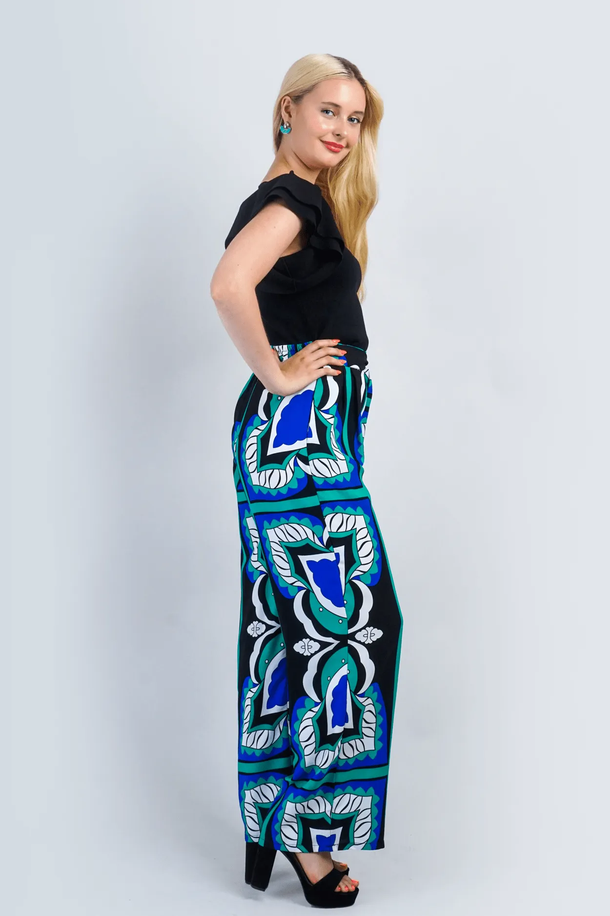 Blue and Teal Multi Print Wide Leg Pants