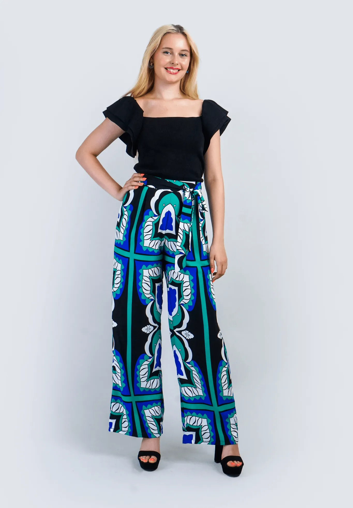 Blue and Teal Multi Print Wide Leg Pants