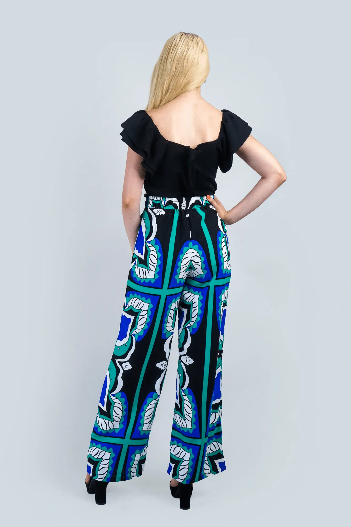 Blue and Teal Multi Print Wide Leg Pants