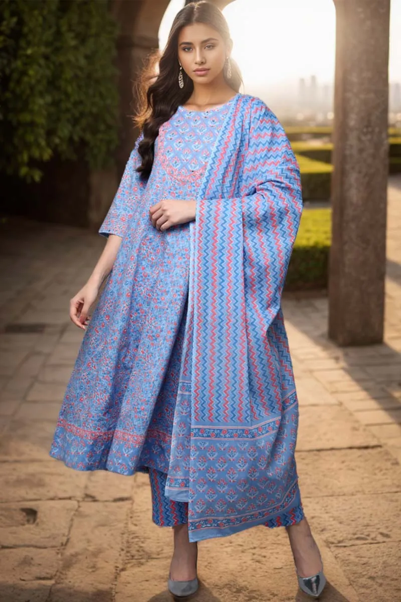 Blue Pure Cotton Ethnic Motifs Anarkali Suit Set