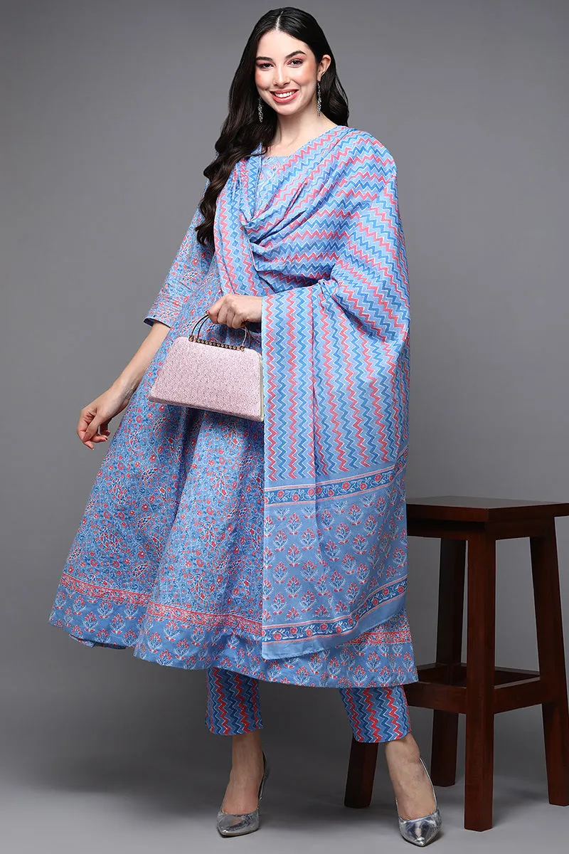 Blue Pure Cotton Ethnic Motifs Anarkali Suit Set