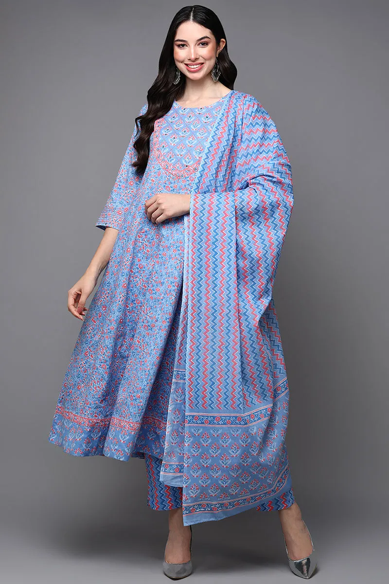 Blue Pure Cotton Ethnic Motifs Anarkali Suit Set