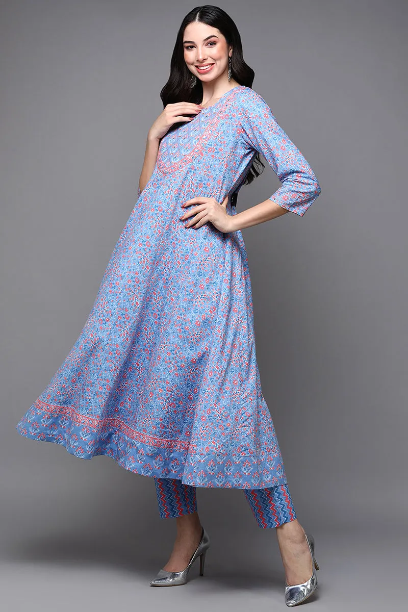 Blue Pure Cotton Ethnic Motifs Anarkali Suit Set