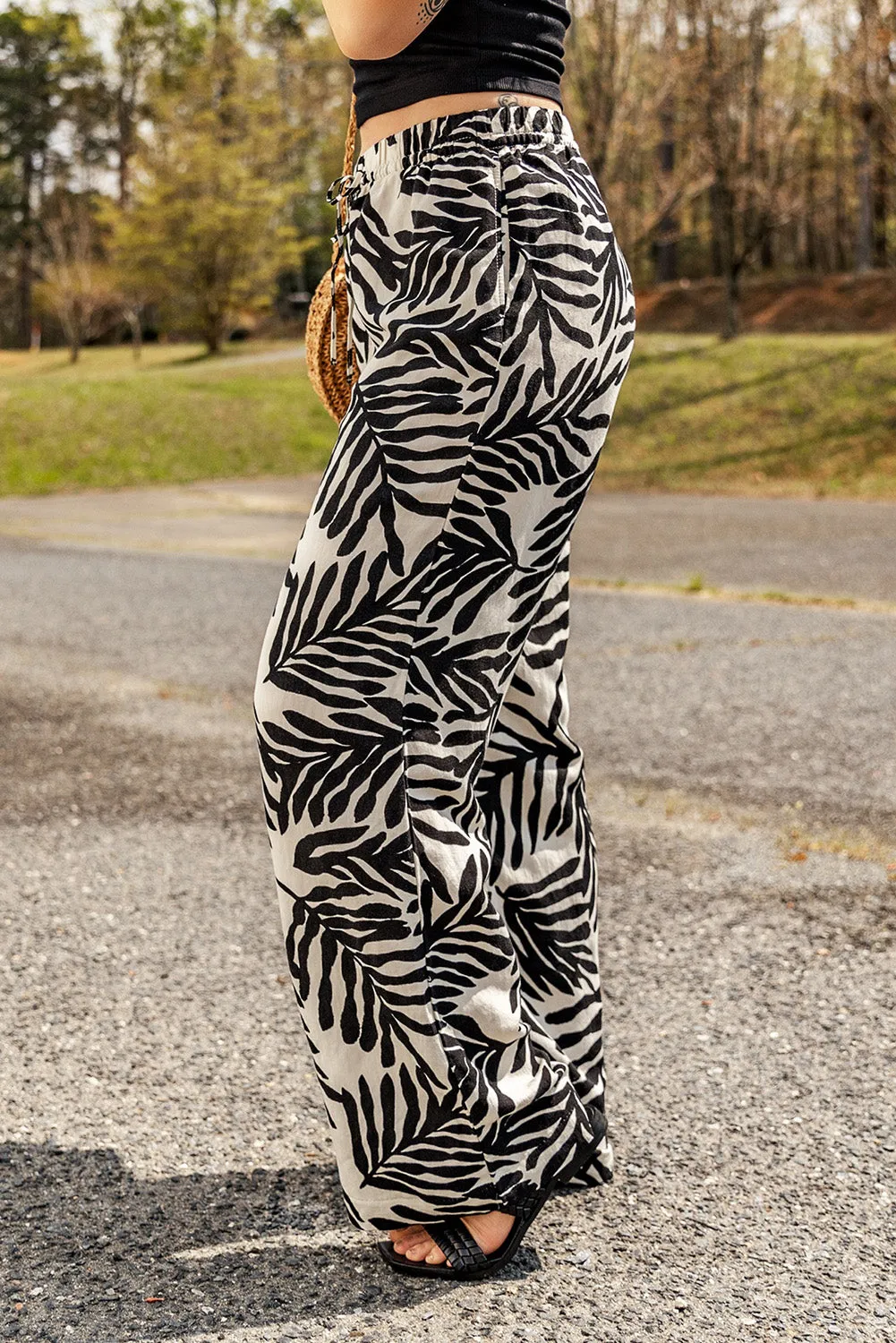 Botanical Printed Drawstring Waist Pants with Pockets