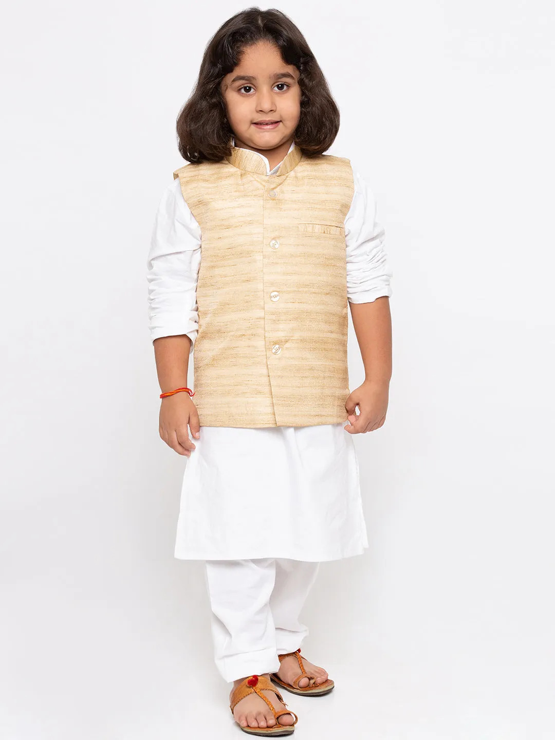 Boys' White Cotton Silk Kurta, Jacket and Pyjama Set