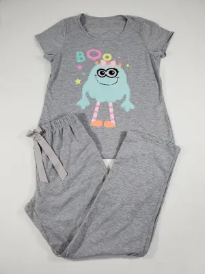 California Women's pajama set gray pants gray short sleeve shirt cute jade monster image