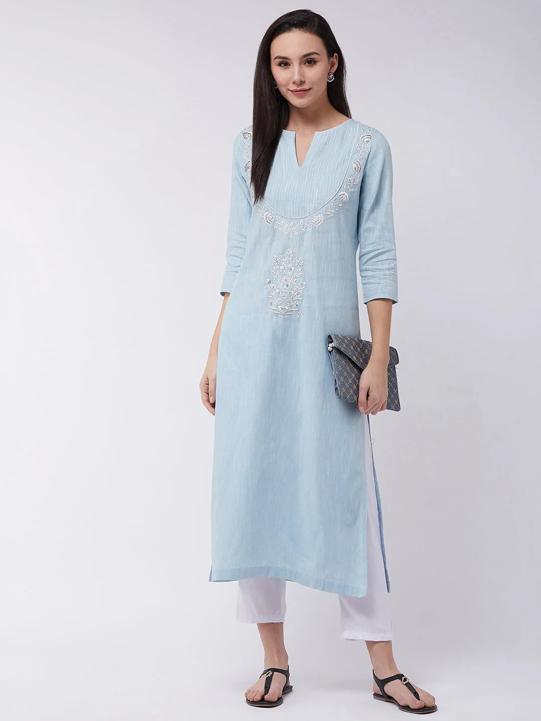 Chambray Embroidered Quarter Sleeves Kurta