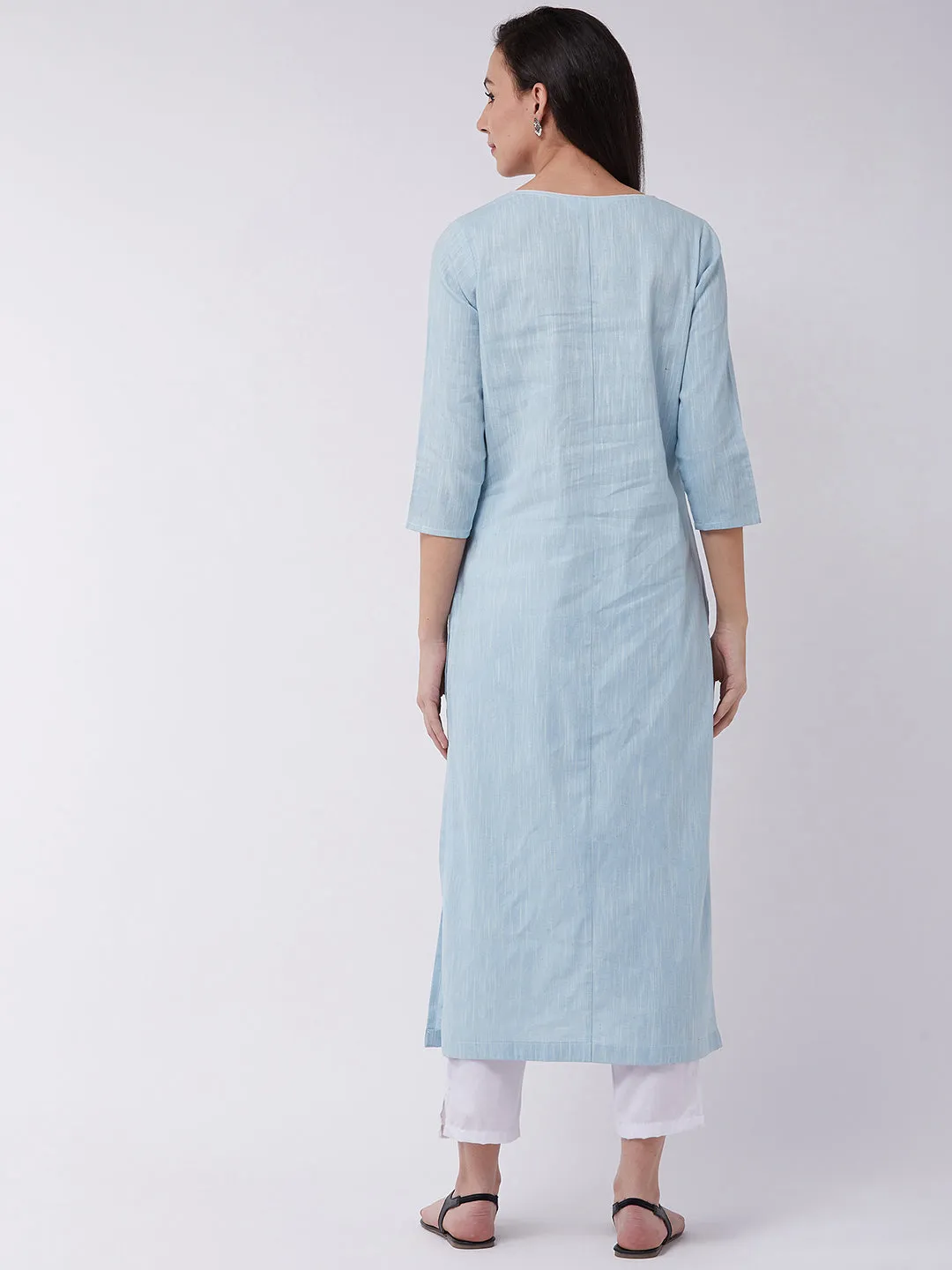 Chambray Embroidered Quarter Sleeves Kurta