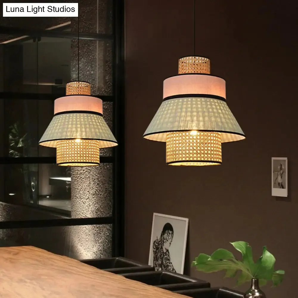 Chinese Bamboo Hanging Lamp Ceiling Pendant Light in Pink/Green - Conical Design, 1 Bulb