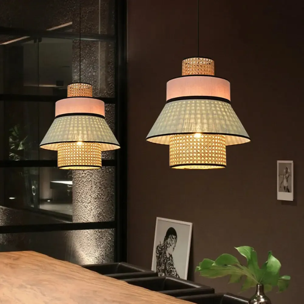 Chinese Bamboo Hanging Lamp Ceiling Pendant Light in Pink/Green - Conical Design, 1 Bulb