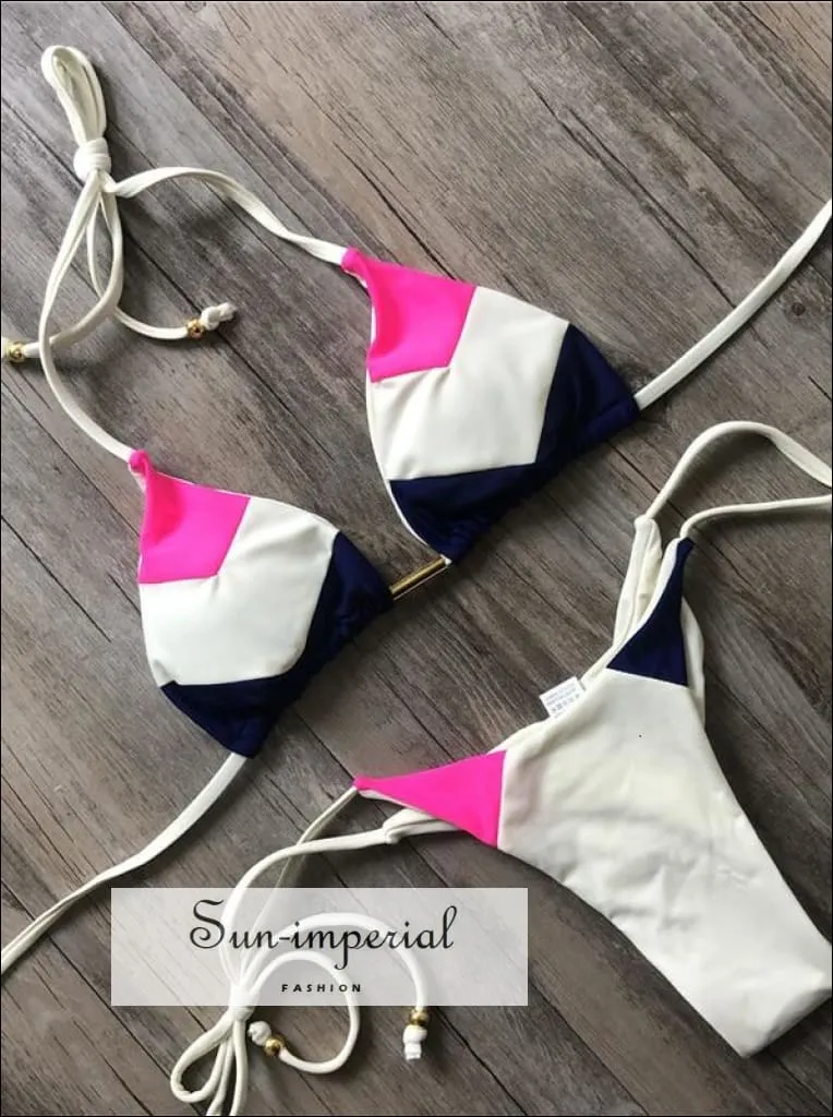 Color Block Pink Blue White Bikini Set Women’s Swimming Suit Halter Drawstring Bathing Suit