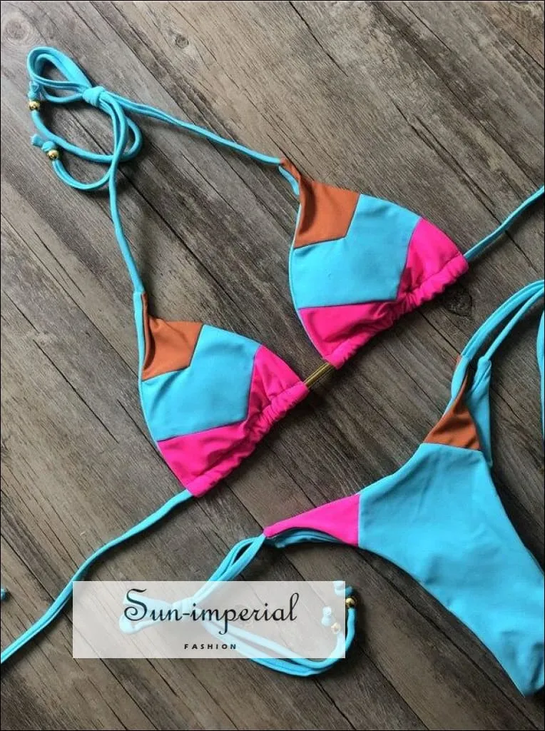 Color Block Pink Blue White Bikini Set Women’s Swimming Suit Halter Drawstring Bathing Suit