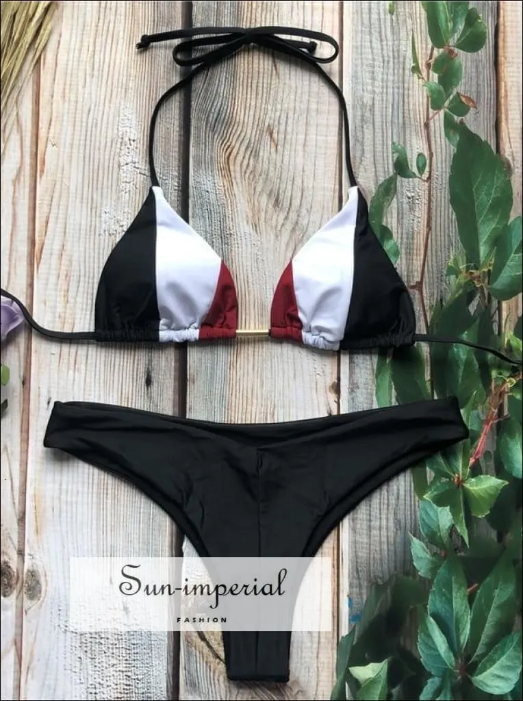 Color Block Striped Navy Black Red White Bikini Set Women’s Swimming Suit Halter Drawstring Bathing Suit