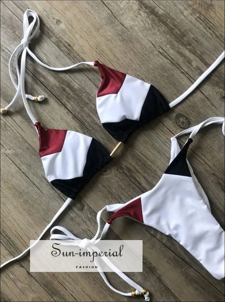 Color Block Striped Navy Black Red White Bikini Set Women’s Swimming Suit Halter Drawstring Bathing Suit