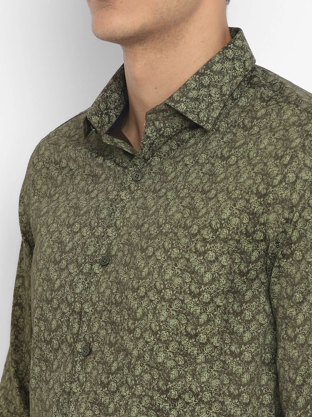 Cotton Olive Slim Fit Printed Shirt