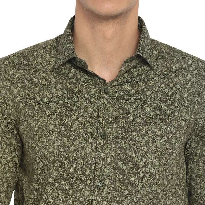 Cotton Olive Slim Fit Printed Shirt