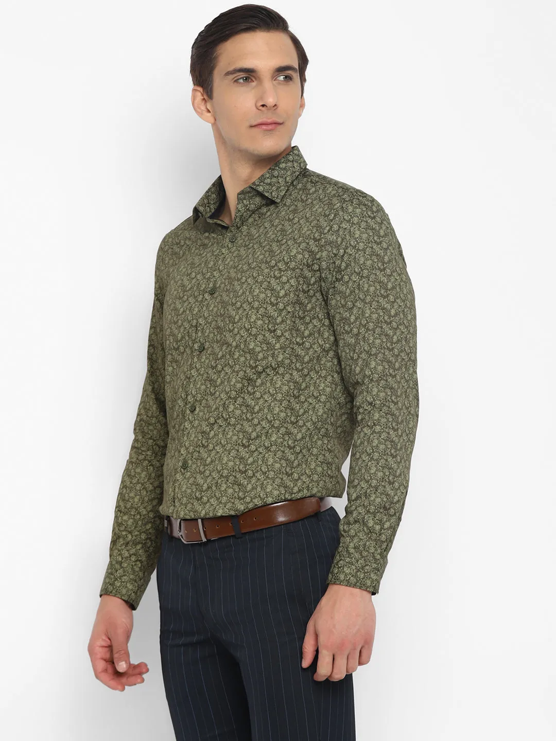 Cotton Olive Slim Fit Printed Shirt