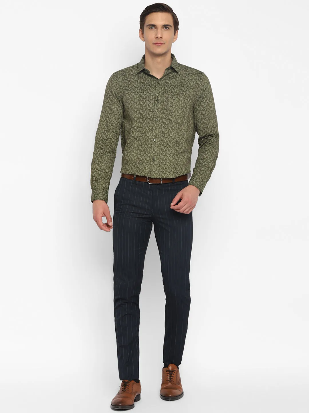 Cotton Olive Slim Fit Printed Shirt