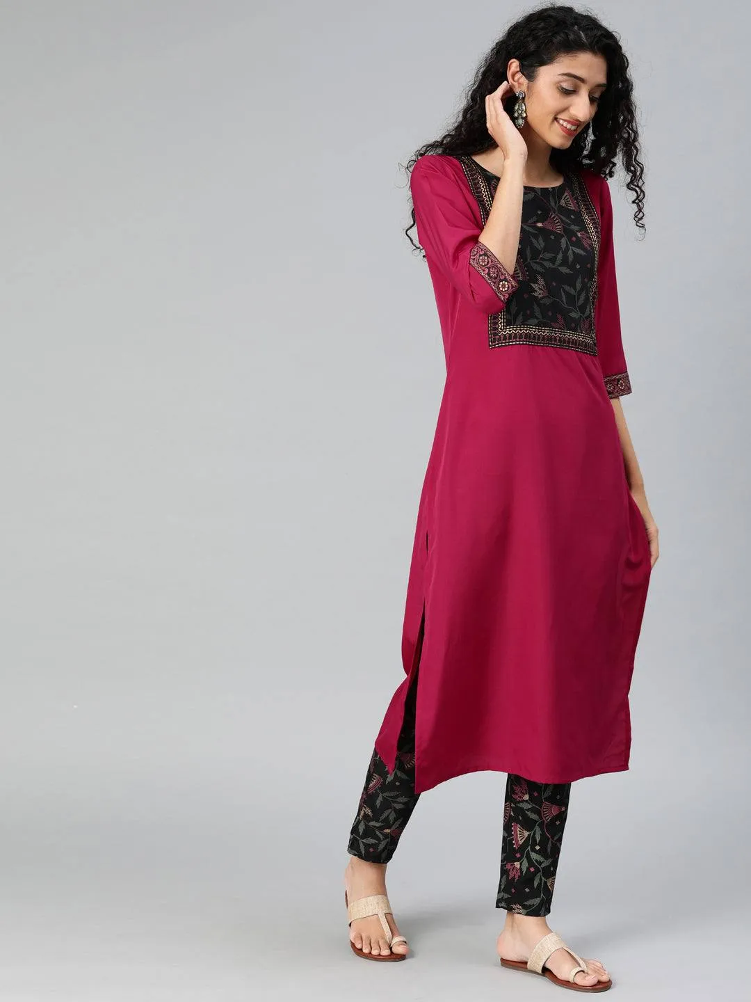 Crepe Pink-Green Kurta Palazzo Set