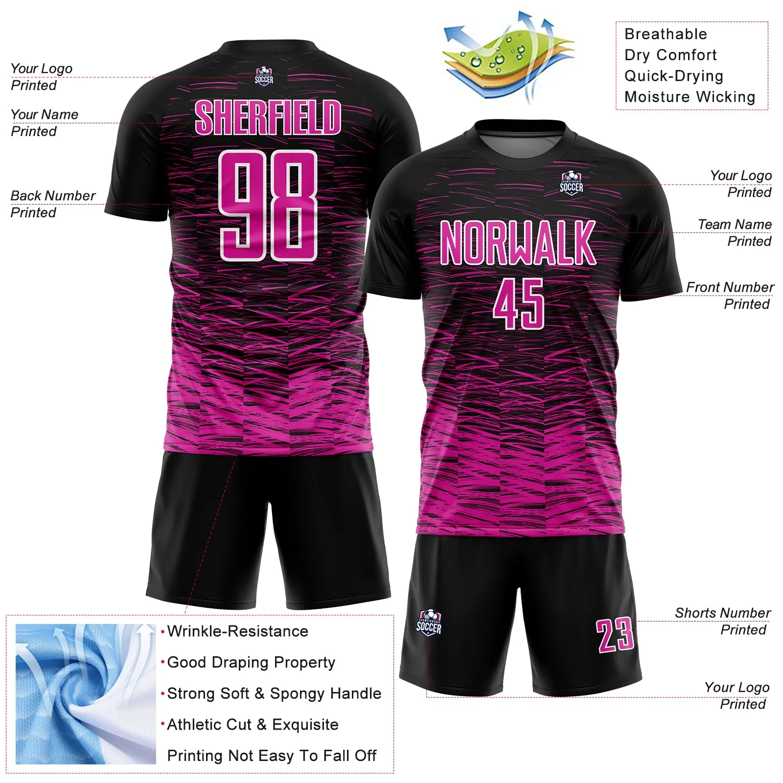 Custom Black Deep Pink-White Line Sublimation Soccer Uniform Jersey