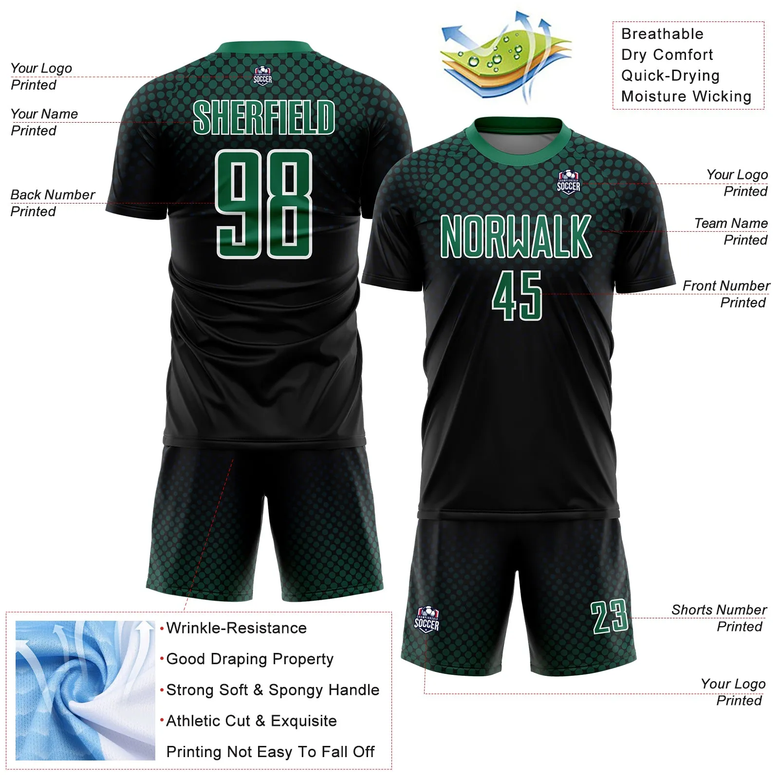 Custom Black Kelly Green-White Halftone Dots Sublimation Soccer Uniform Jersey