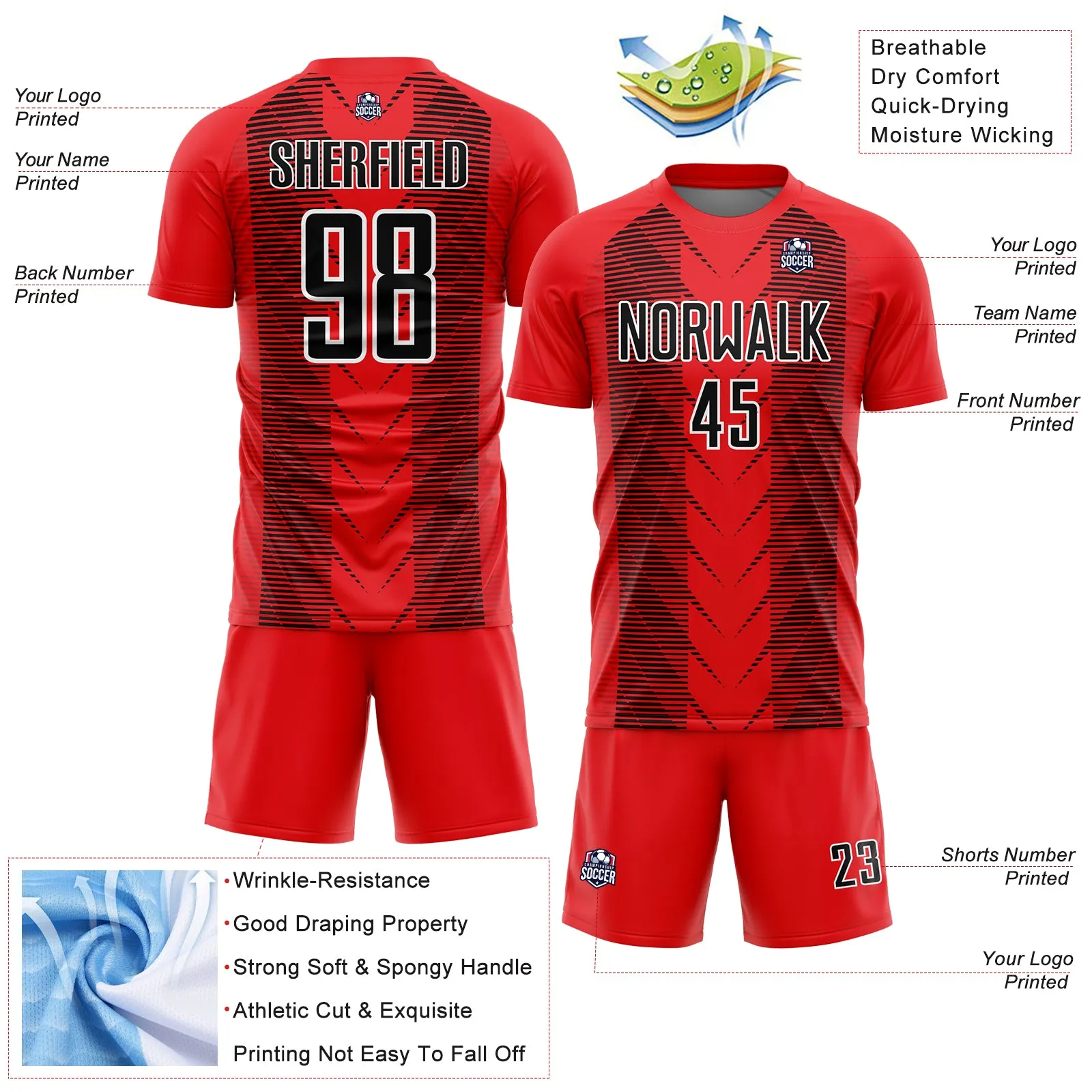 Custom Fire Red Black-White Lines Sublimation Soccer Uniform Jersey