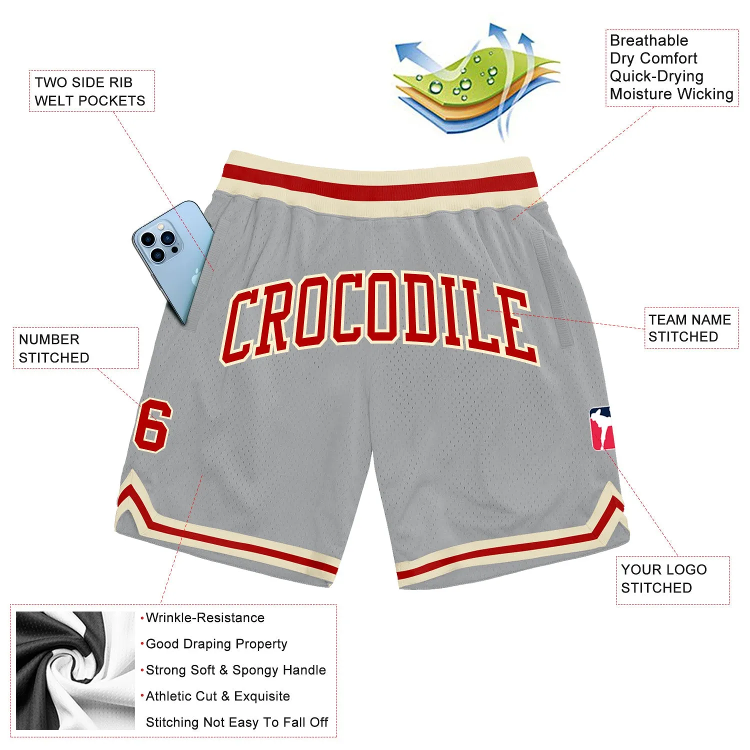 Custom Gray Red-Cream Authentic Throwback Basketball Shorts