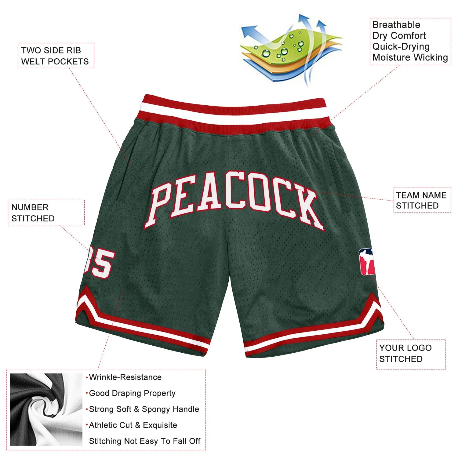 Custom Hunter Green White-Red Authentic Throwback Basketball Shorts